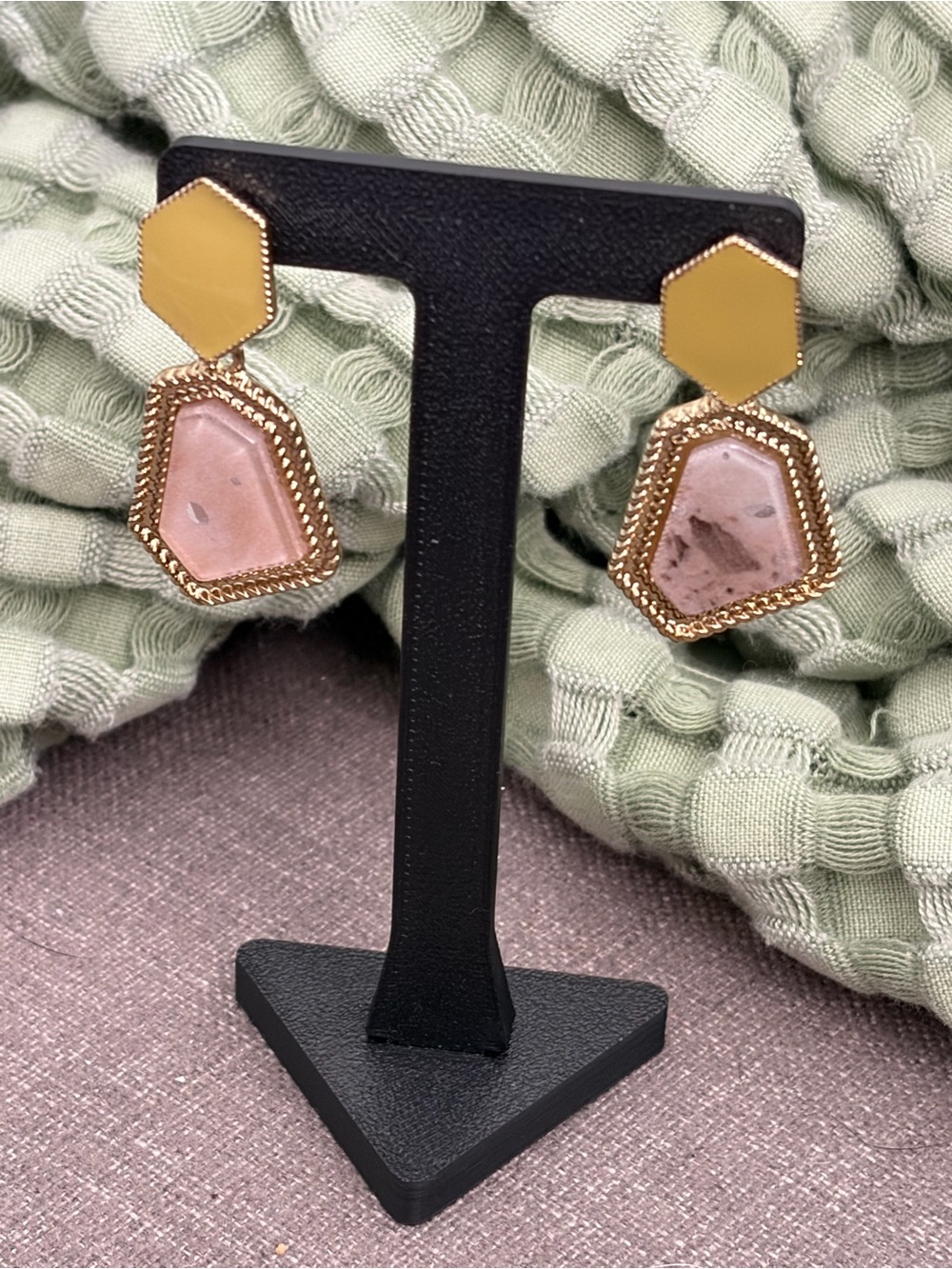 Stone Look Geometric Dangle Earrings Gold Tone Studs